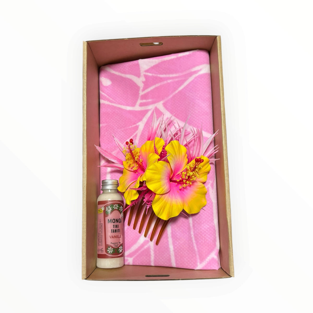 Island Glow Gift Set - Pink | 60ml Tahitian Monoi Oil, Handmade Hair Comb & Island Sorbet Sarong
