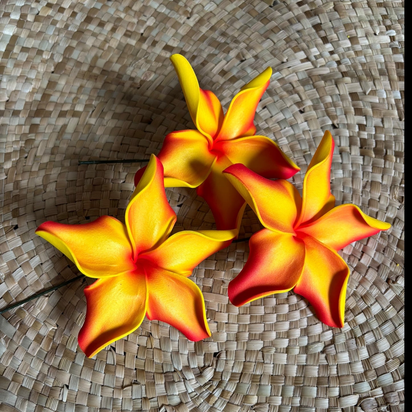Utuko Yellow Red Twisted Plumeria Ombre 3-tone Foam Flower Sei Siale 10cm