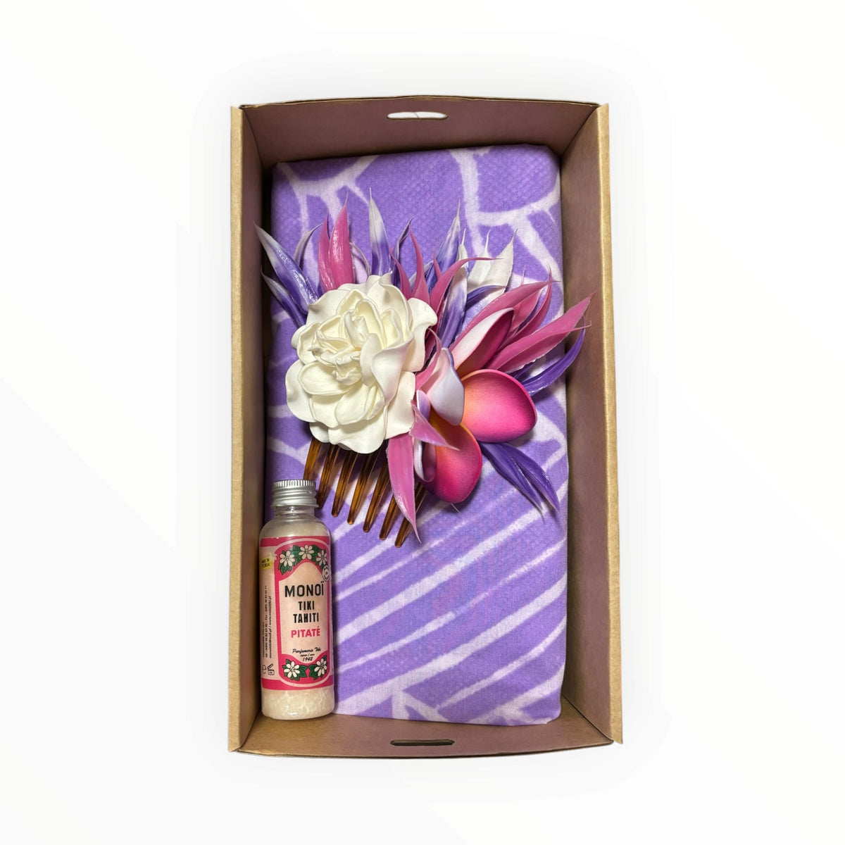 Island Glow Gift Set - Purple | 60ml Tahitian Monoi Oil, Handmade Hair Comb & Island Sorbet Sarong