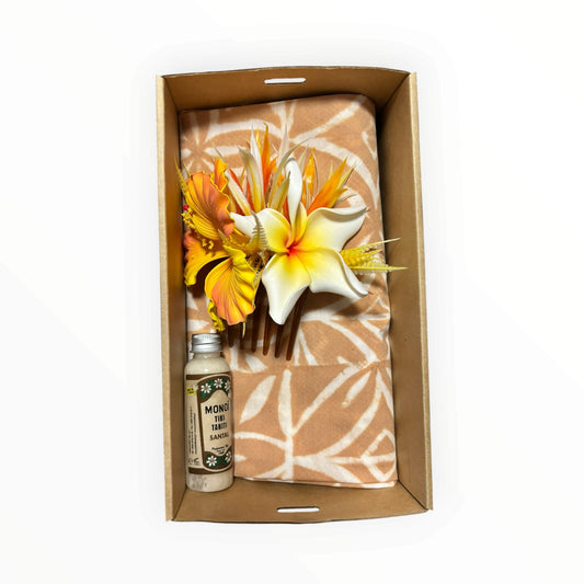 Island Glow Gift Set - Brown | 60ml Tahitian Monoi Oil, Handmade Hair Comb & Island Sorbet Sarong